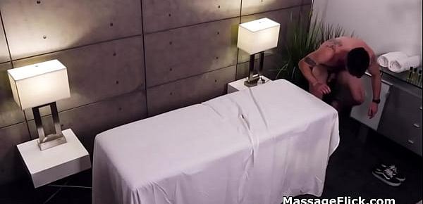  Milking cock under the table during massage